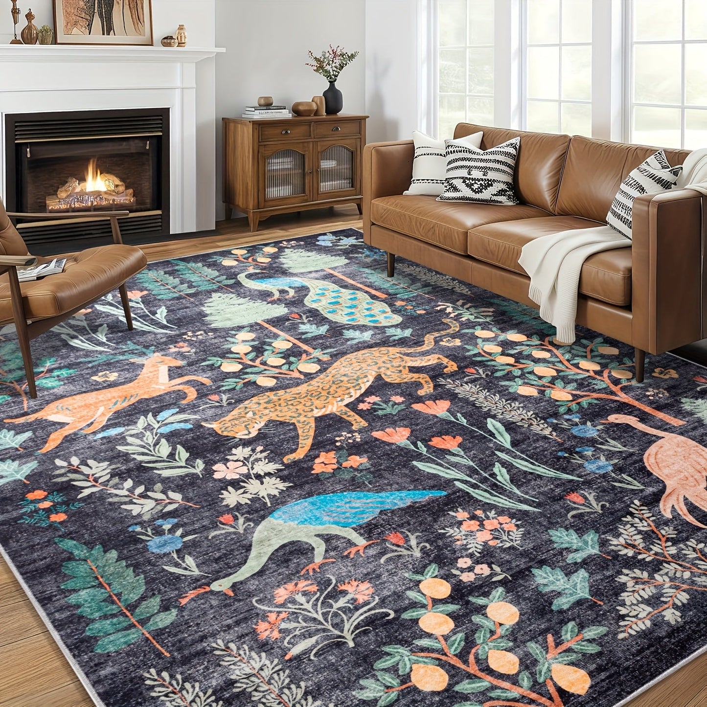 Area Rug, Jungle Animal and Tiger Print Indoor Carpet in Black, Green or Pink with Four Room-Size Options
