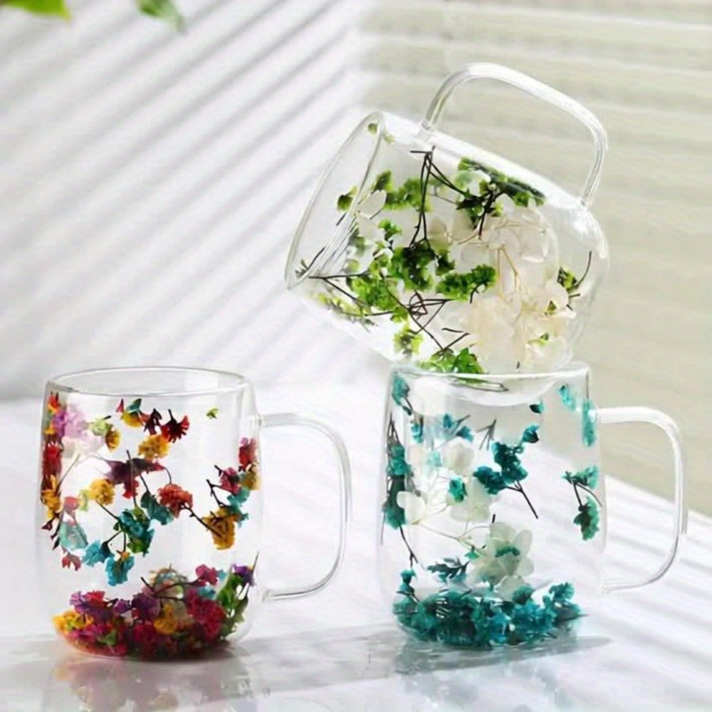 Double-Wall Glass Coffee Cup Set, Four-Piece Floral and Petal Design Mugs with Clear Handles for Tea and Lattes
