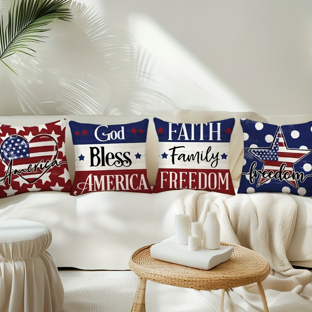 Four-Piece 18 x 18-Inch Patriotic Throw Pillow Cover Set with American Flag, Star and Typography Prints