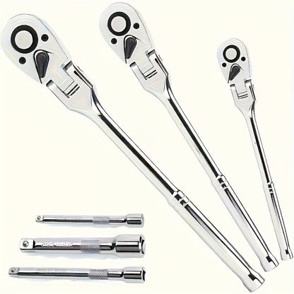 Ratchet Wrench Set 3-Piece & 6-Piece | 72-Tooth 1/4" 3/8" 1/2" Drive Flexible Head Quick Release Ratchet Handle with EVA Sponge Tool Kit – 180° Adjustable Bendable Ratchet
