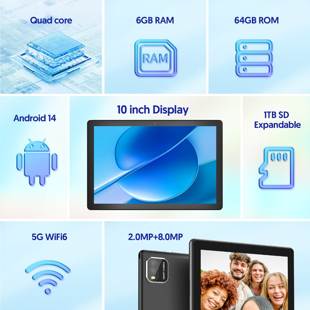 10 Inch 2-in-1 Android 14 Tablet with Keyboard Mouse Stylus – 6GB RAM 64GB ROM 1TB Expandable, WiFi 6, 6000mAh Battery, Quad-Core, Dual Camera, GMS Certified Tablet PC