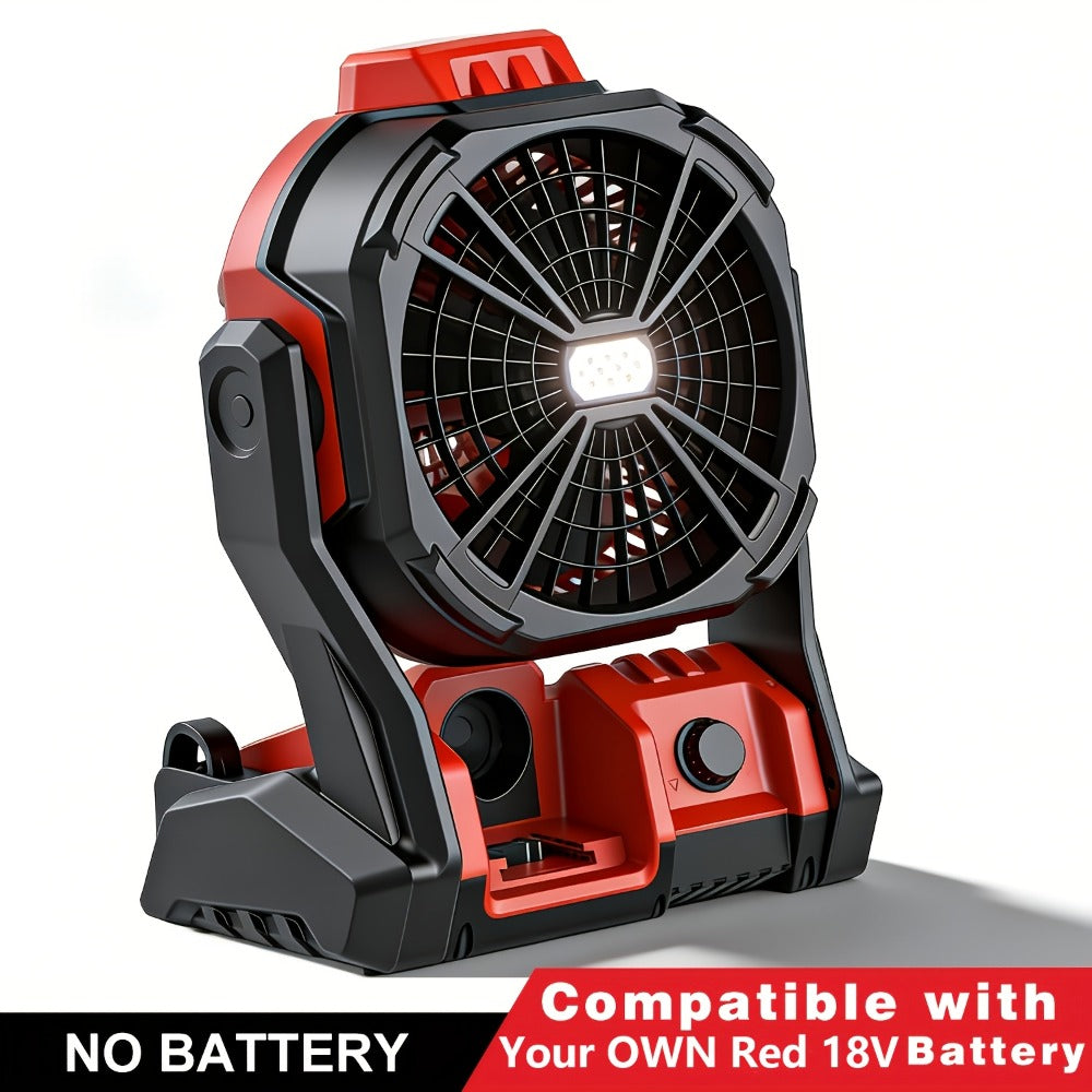 Red Cordless Work Fan for Select Milwaukee M18 Batteries with LED Light, Hanging Hook and Adjustable Tilt, Battery Not Included