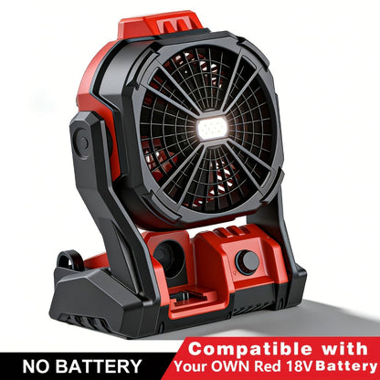 Red Cordless Work Fan for Select Milwaukee M18 Batteries with LED Light, Hanging Hook and Adjustable Tilt, Battery Not Included