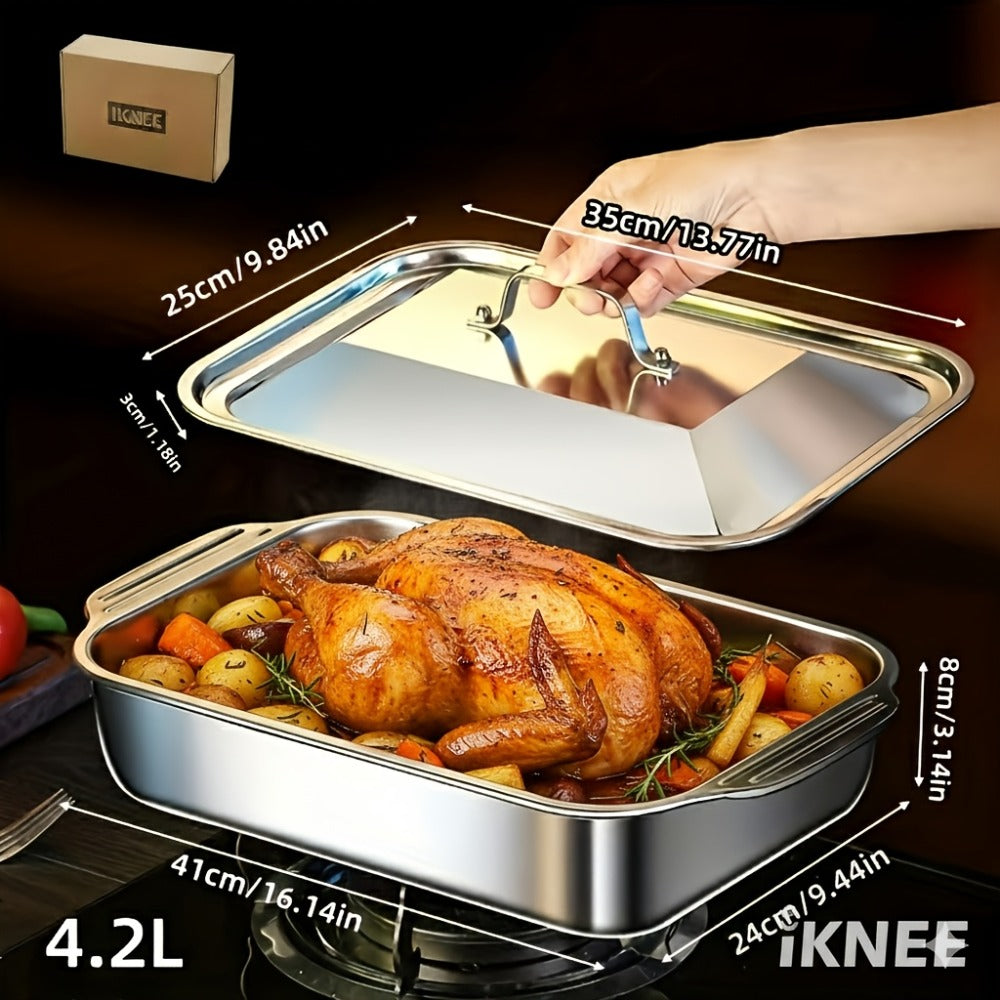 Stainless Steel Baking Pan Set 4-Piece – 2 Deep Roasting Pans & 2 Lidded Pans with Handles, 6-Liter Large Capacity 16.14" Rectangular Baking Pans for Lasagna, Fish, Chicken & Roasting – Dishwasher Safe