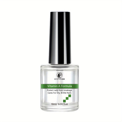 Clear 10 ml Nail Care Bottle with Black Cap, Green Vitamin A Label and Attached Brush Applicator