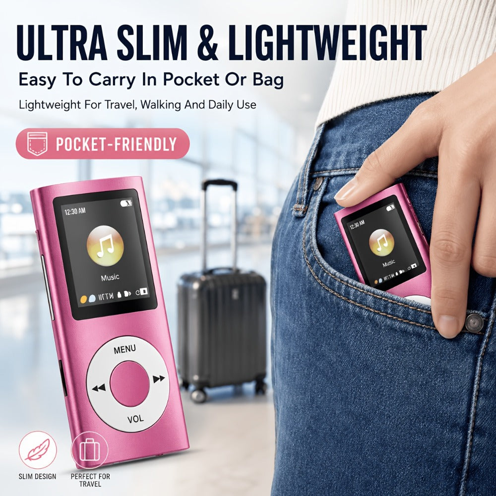 Aluminum Alloy MP3 Player 64GB with Earphone & Charging Cable, Slim 1.8 Inch LCD Portable Music Player, 200mAh Rechargeable Battery, Supports MP3 WMA FLAC APE, TF Micro SD Card Up to 64GB (Card Not Included)