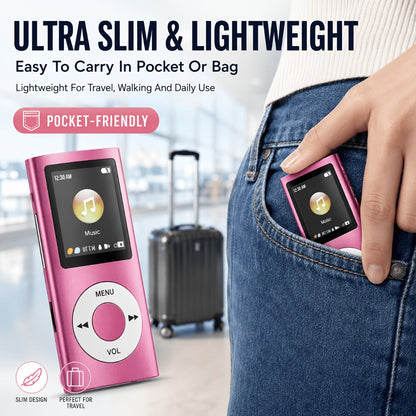 Aluminum Alloy MP3 Player 64GB with Earphone & Charging Cable, Slim 1.8 Inch LCD Portable Music Player, 200mAh Rechargeable Battery, Supports MP3 WMA FLAC APE, TF Micro SD Card Up to 64GB (Card Not Included)