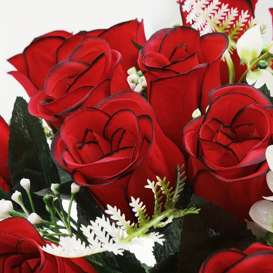 Artificial Flowers Silky Red Rose Memorial Set with Top Saddle, Side Vases or Three-Piece Option