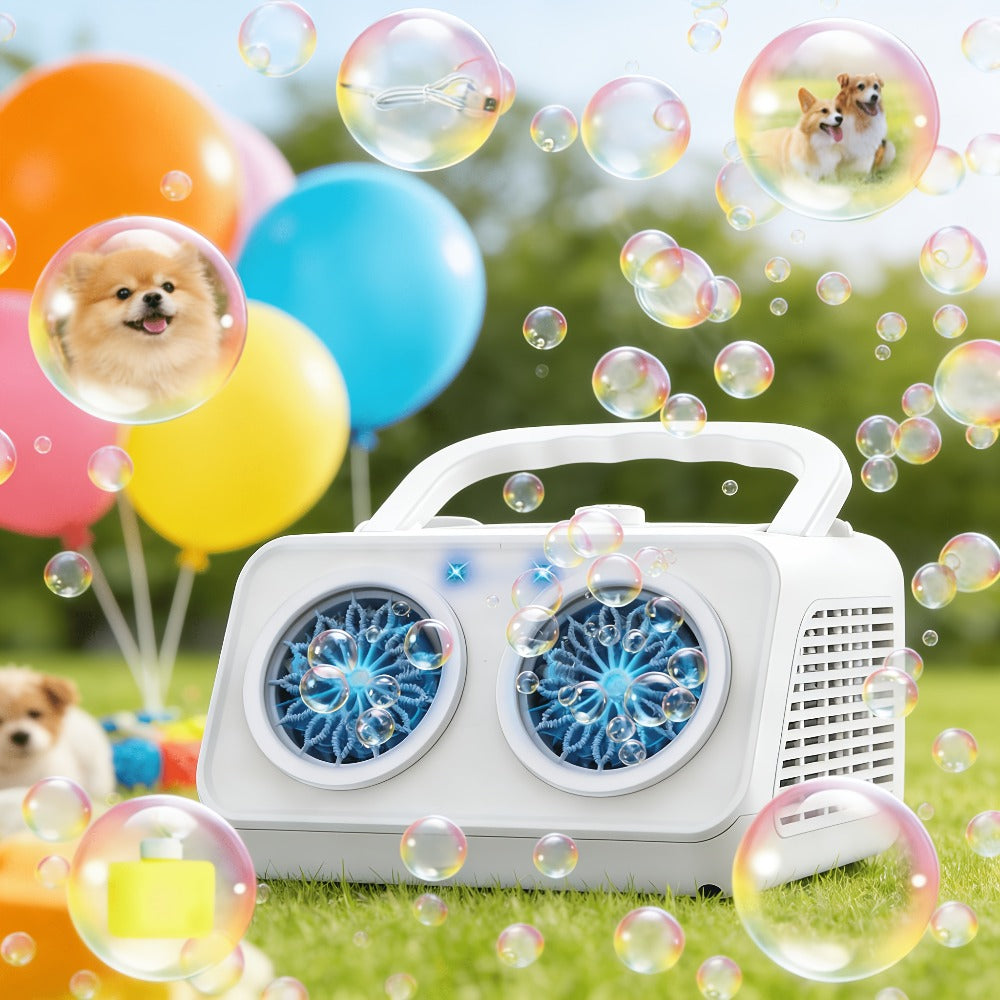 White Dual-Wheel Bubble Machine with Material Thickened Label, Handle, USB Port and Battery Compartment