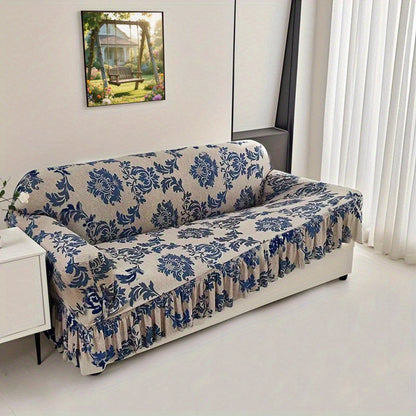 Sofa Slipcover, Dark Blue Stretch Cover with Ruffle Skirt, Fixed Rod and One-to-Four-Seat Options