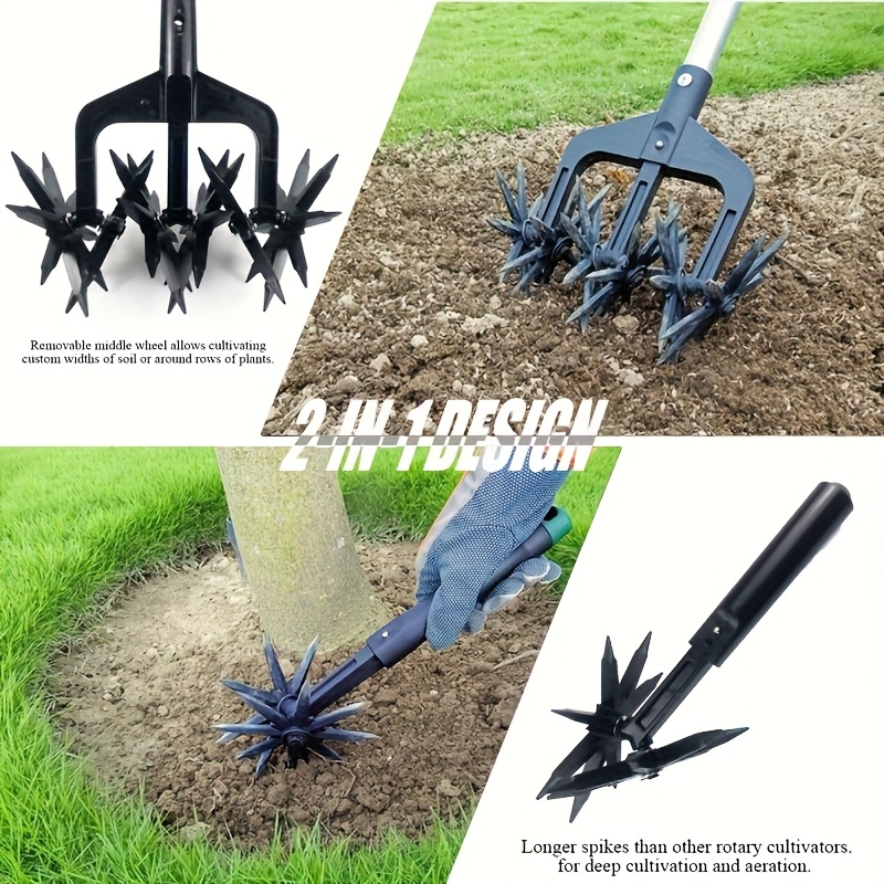 Manual Rotary Garden Cultivator Head with U-Shaped Frame and Detachable Star-Shaped Tine Wheels