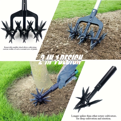Manual Rotary Garden Cultivator Head with U-Shaped Frame and Detachable Star-Shaped Tine Wheels