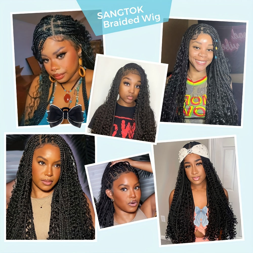 Extra-Long Black Box-Braid Wig with Curly Ends, Lace Cap and 48-Inch Checkout Length for Styling