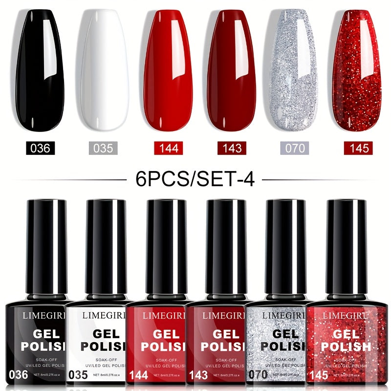 Gel Nail Polish Set with LIMEGIRL Label, 6 Fall Winter Glitter and Solid Colors, Two Palettes