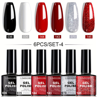 Gel Nail Polish Set with LIMEGIRL Label, 6 Fall Winter Glitter and Solid Colors, Two Palettes