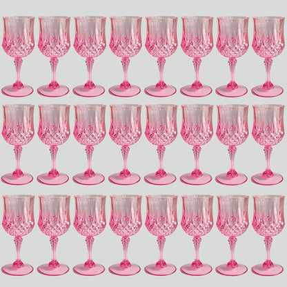 Twenty-Four-Pack Vintage-Style Plastic Stemmed Cups in Five Transparent Color Options for Party Tables