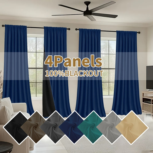 Blackout Curtains 4 Panels Thermal Insulated Room Darkening Drapes – Rod Pocket, Energy Saving, Solid Color for Bedroom & Living Room, 7 Colors & Multiple Sizes