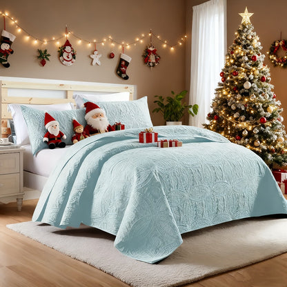 Quilt Set 3 Piece Soft Lightweight Bedding - Thin Bed Quilt with 2 Pillowcases for Bedroom Guest Room, Full Queen King, All Season Comforter Set, 10 Colors