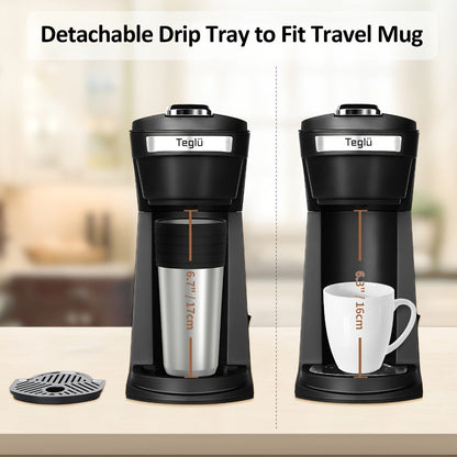 Single-Serve Coffee Maker for Pods or Grounds with 6-14oz Fill Labels, One-Button Control and Four Colors
