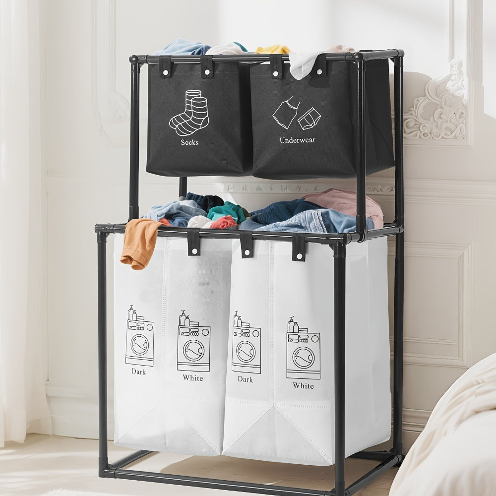 Two-Tier Laundry Sorter Hamper with Upper Compartments, Four Removable Lower Bags and Elevated Frame