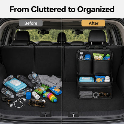 Car Trunk Organizer, Foldable PU Leather Multi-Pocket Bag with Bottle Slots, Adjustable Straps and 1- or 3-Piece Options