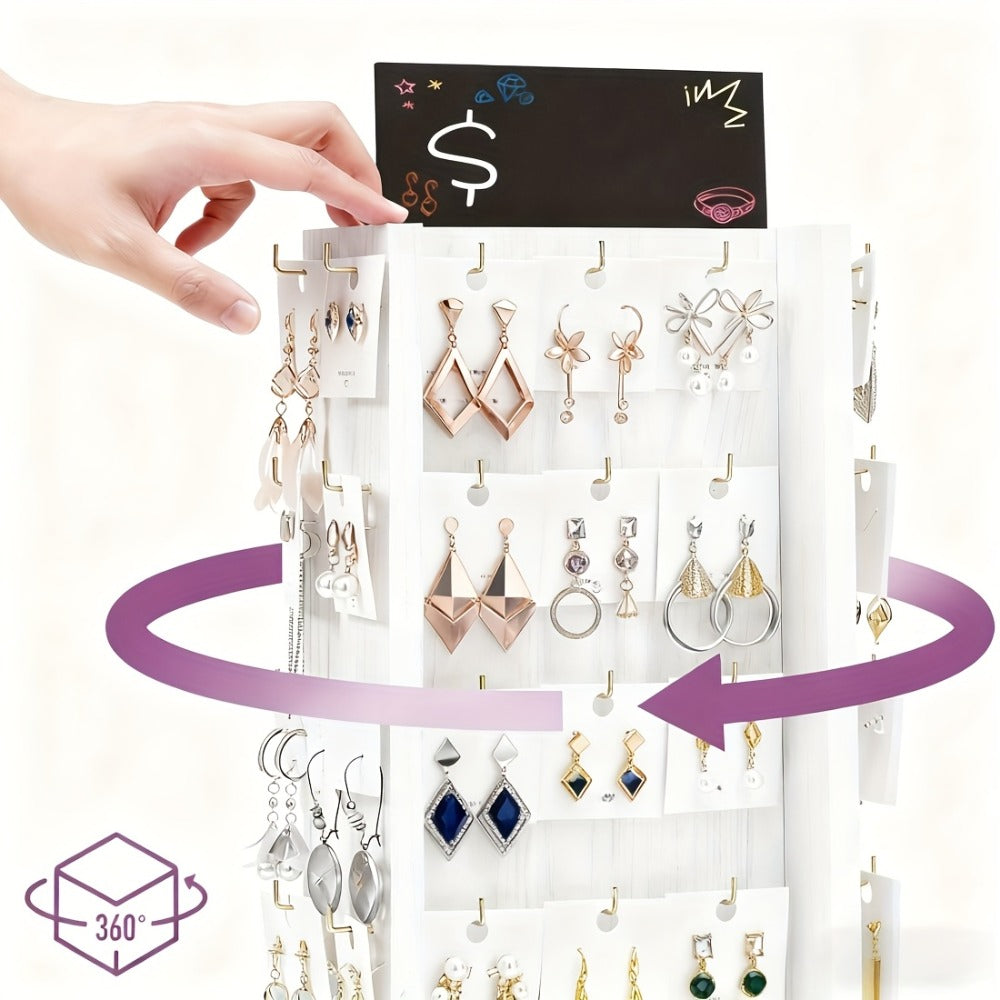 Jewelry Organizer Rotating White Display Tower with 40 Hooks and Top Sign Panel for Countertop Use