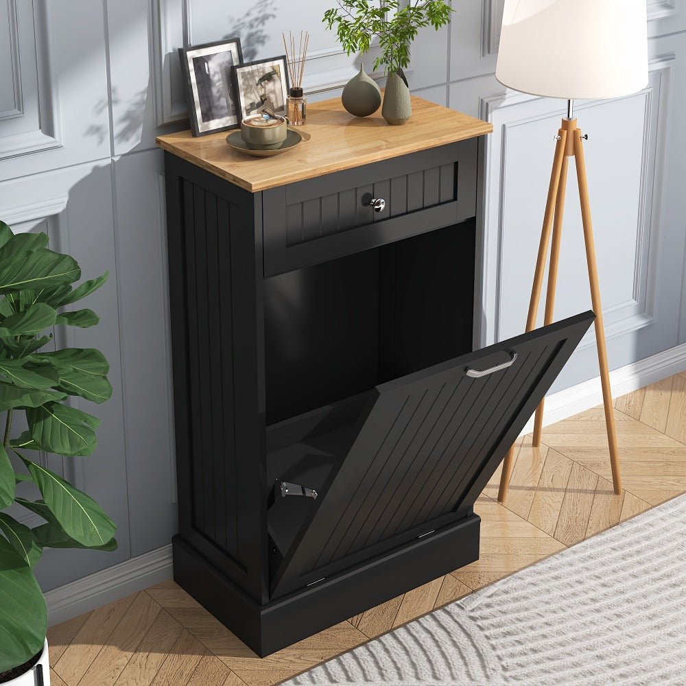 Tilt Out Trash Cabinet Freestanding Kitchen Garbage Cabinet with Cutting Board & Drawer – Wood Hideaway Recycling Station, Fits 10 Gal, Black/White