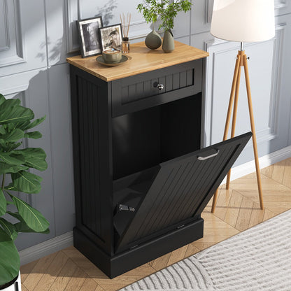 Tilt Out Trash Cabinet Freestanding Kitchen Garbage Cabinet with Cutting Board & Drawer – Wood Hideaway Recycling Station, Fits 10 Gal, Black/White