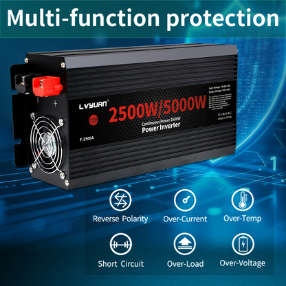 Black or Red 12V DC to 110V AC Power Inverter with 500W or 2500W Model Options, Display and USB Port