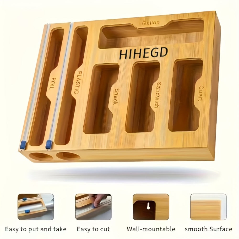Bamboo Ziplock Bag Organizer Box for Kitchen Drawer - Adjustable Dividers, Compatible with Gallon Quart Sandwich Snack Bags