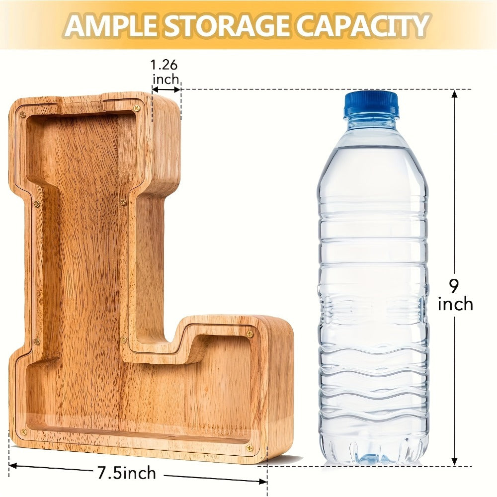 Wooden Alphabet Letter Coin Bank with Clear Front Panel and 23 Fixed Initial Options for Display