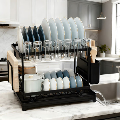 Two-Tier Dish Drying Rack with Drainboard - Metal Kitchen Dish Holder with Drainage for Countertop, Two-Level Dish Drainer for Plates, Cups & Utensils, Single or Double Layer, Black White Gray