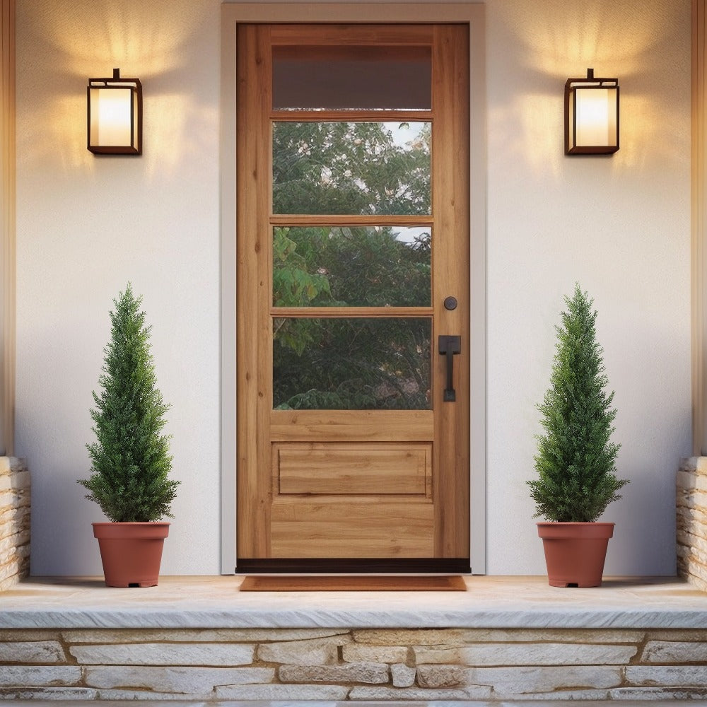 Artificial Cedar Topiary Tree with 3, 4 or 5 ft Height Options, Black Pot and Single or Two-Tree Sets