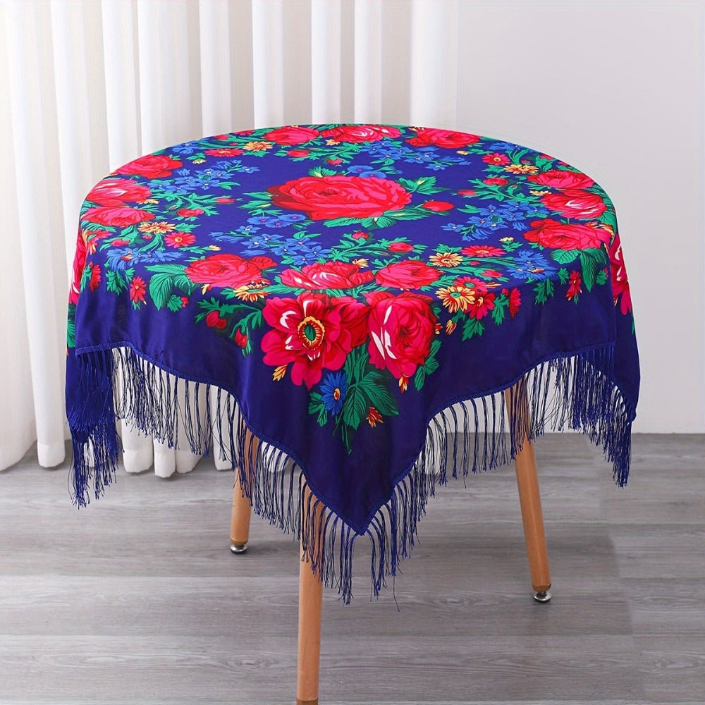 Tablecloth Square 53-Inch Floral Cover with Tassel Trim, Polyester Fabric and Six Color Options