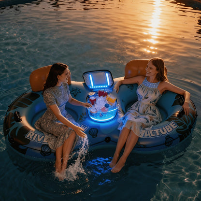 Pool Float Double Ring Raft for Two with Detachable Cooler, Two Cup Holders and Inflatable Backrests