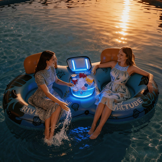 Pool Float Double Ring Raft for Two with Detachable Cooler, Two Cup Holders and Inflatable Backrests