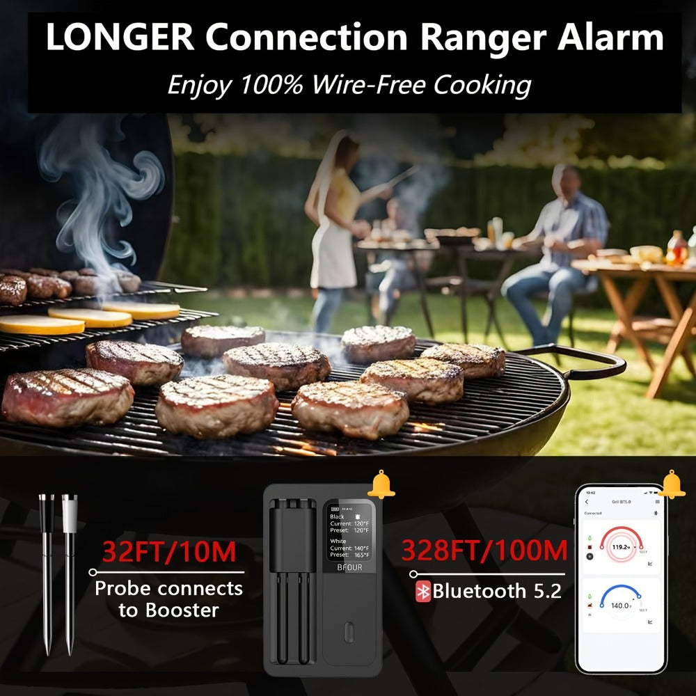 BFOUR BF-40 Wireless Cooking Thermometer with Dual Probes, App Display, Base Screen and USB Charging