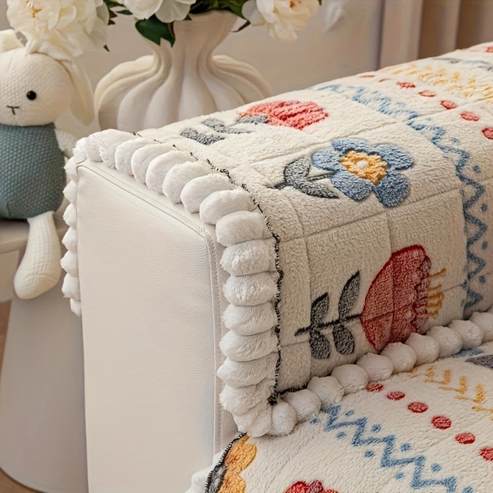 Bohemian Floral Quilted Sofa Cover - Thick Milk Fleece Warm Cozy Couch Protector Machine Washable with Ruffle for 2 3 4 Seater Living Room Decor, White