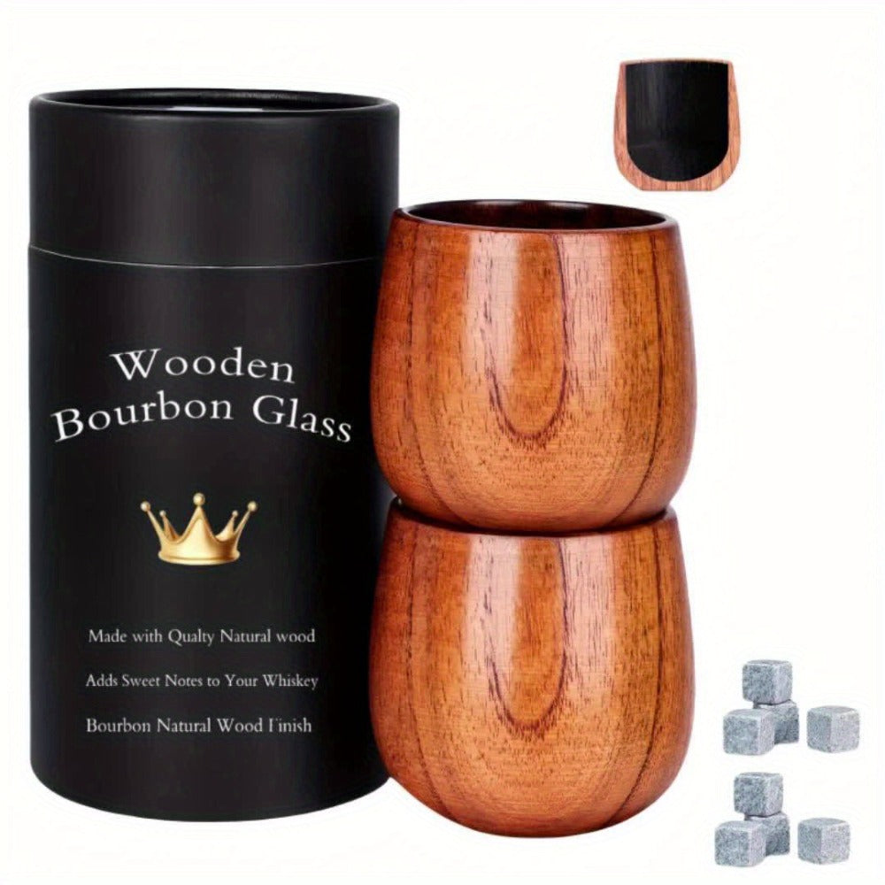 Charred Wooden Bourbon Whiskey Glass Set – 2 Jujube Wood Old Fashioned Tumbler Glasses & 8 Granite Whiskey Stones – Handcrafted Whiskey Gift for Men Dad