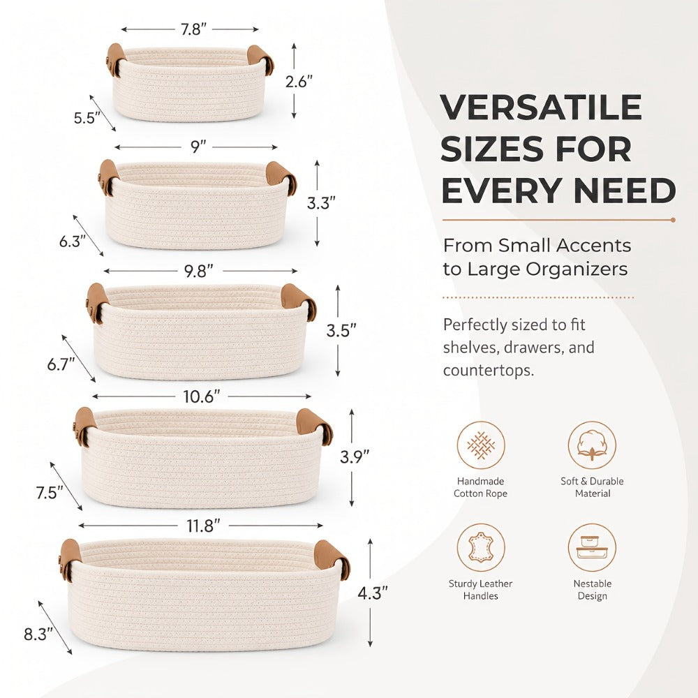 Cotton Rope Storage Baskets Set of 5 with Leather Handles in Four Color Options for Home Organization
