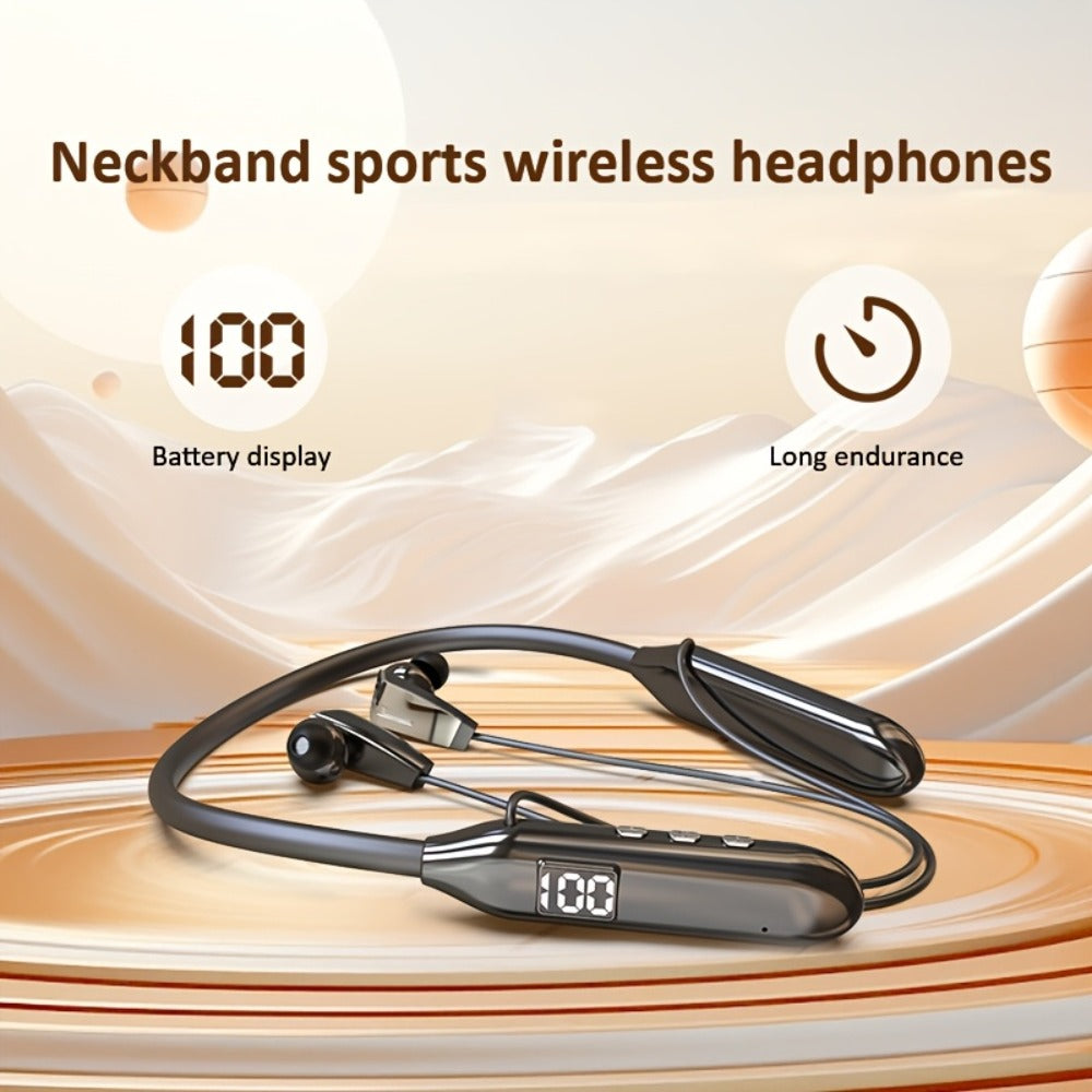 Neckband Sport Bluetooth Earphones Wireless In-Ear Flexible Neckband Extra Long Battery Life LED Display Running Gym Workout Calls Gaming Outdoor Activities Black
