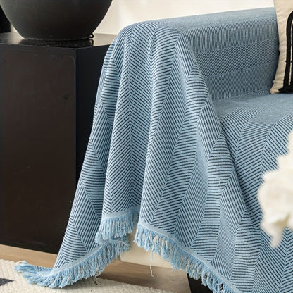 Sofa Cover 71-Inch Herringbone Jacquard Woven Throw with Tassel Fringe in Grey, Coffee, Green or Blue
