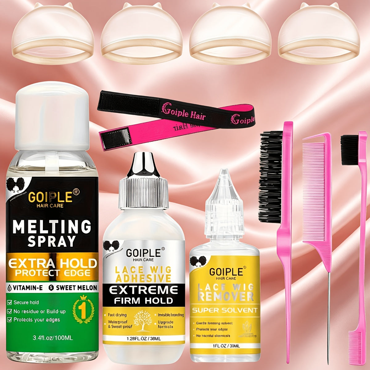Wig Installation Kit in 9-Piece Glue or 14-Piece Styling Sets with Bands, Caps, Combs and Liquid Bottles