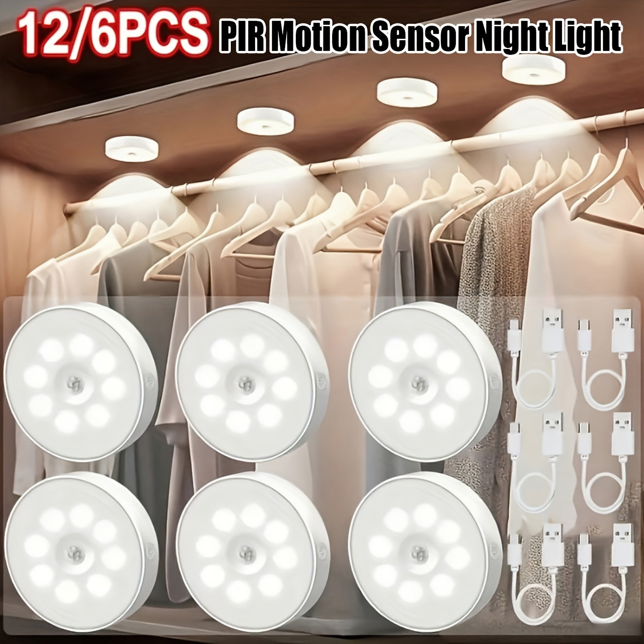 Wireless Motion Sensor Night Light USB Rechargeable - Dimmable Wall Lamp Dual Mode PIR Sensor Magnetic & Adhesive Mount 6 or 12 Pack for Kitchen Hallway Stairs Closet Cabinet Bedroom Bathroom