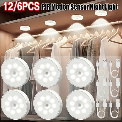Wireless Motion Sensor Night Light USB Rechargeable - Dimmable Wall Lamp Dual Mode PIR Sensor Magnetic & Adhesive Mount 6 or 12 Pack for Kitchen Hallway Stairs Closet Cabinet Bedroom Bathroom