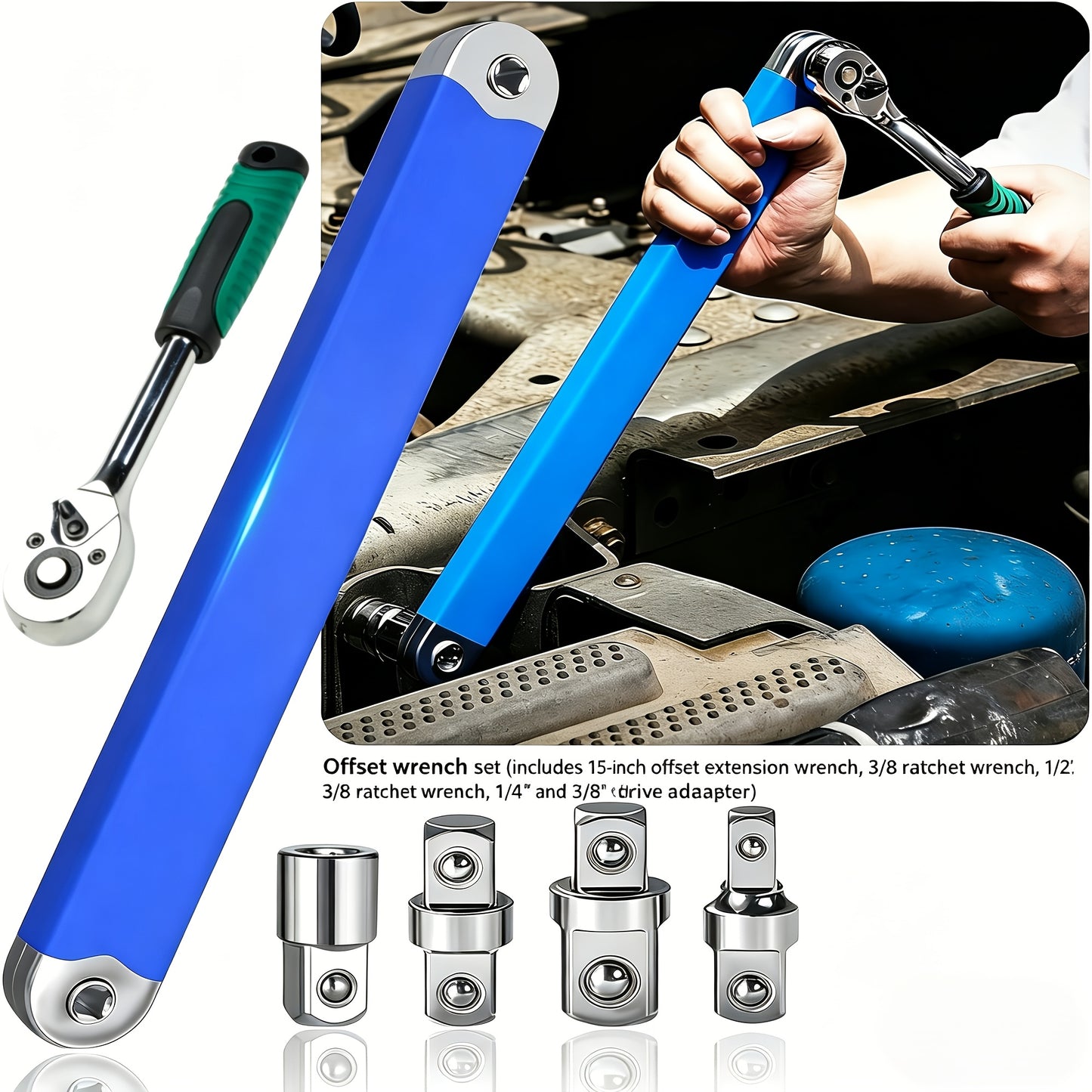 Zero Offset Extension Wrench Set 15-Inch – Impact-Ready 3/8" Ratchet Wrench with 1/2", 1/4" & 3/8" Drive Adapters, Narrow Space Auto Repair Tool, Multiple Colors