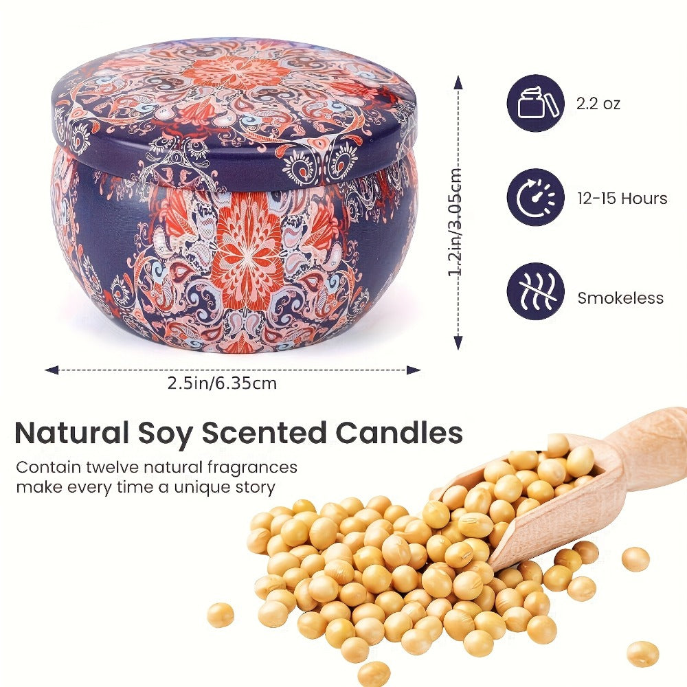 12-Piece Assorted Scented Tin Candle Gift Set with Pictured 2.2 oz Size and Decorative Patterns