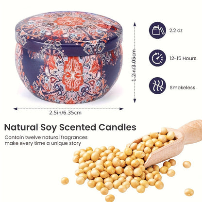 12-Piece Assorted Scented Tin Candle Gift Set with Pictured 2.2 oz Size and Decorative Patterns