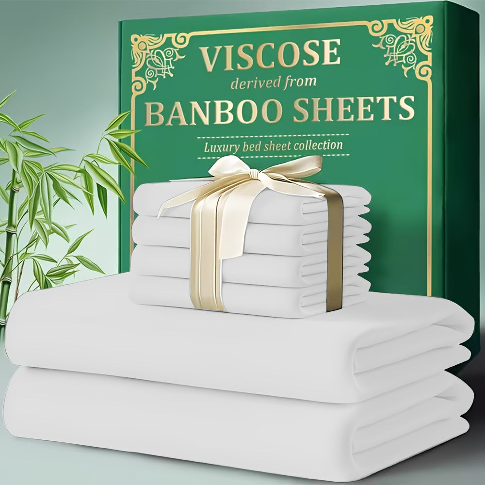 Bed Sheet Set 4-Piece Bamboo-Derived Cooling Fabric with Deep-Pocket Fitted Sheet and Four Bed Sizes