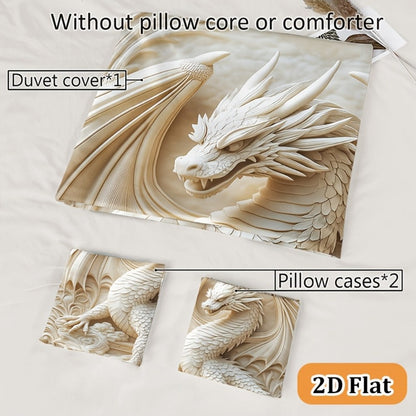 3-Piece Duvet Cover Set with Ivory Coiled Dragon Print, Ornate Carved-Look Artwork and Four Sizes